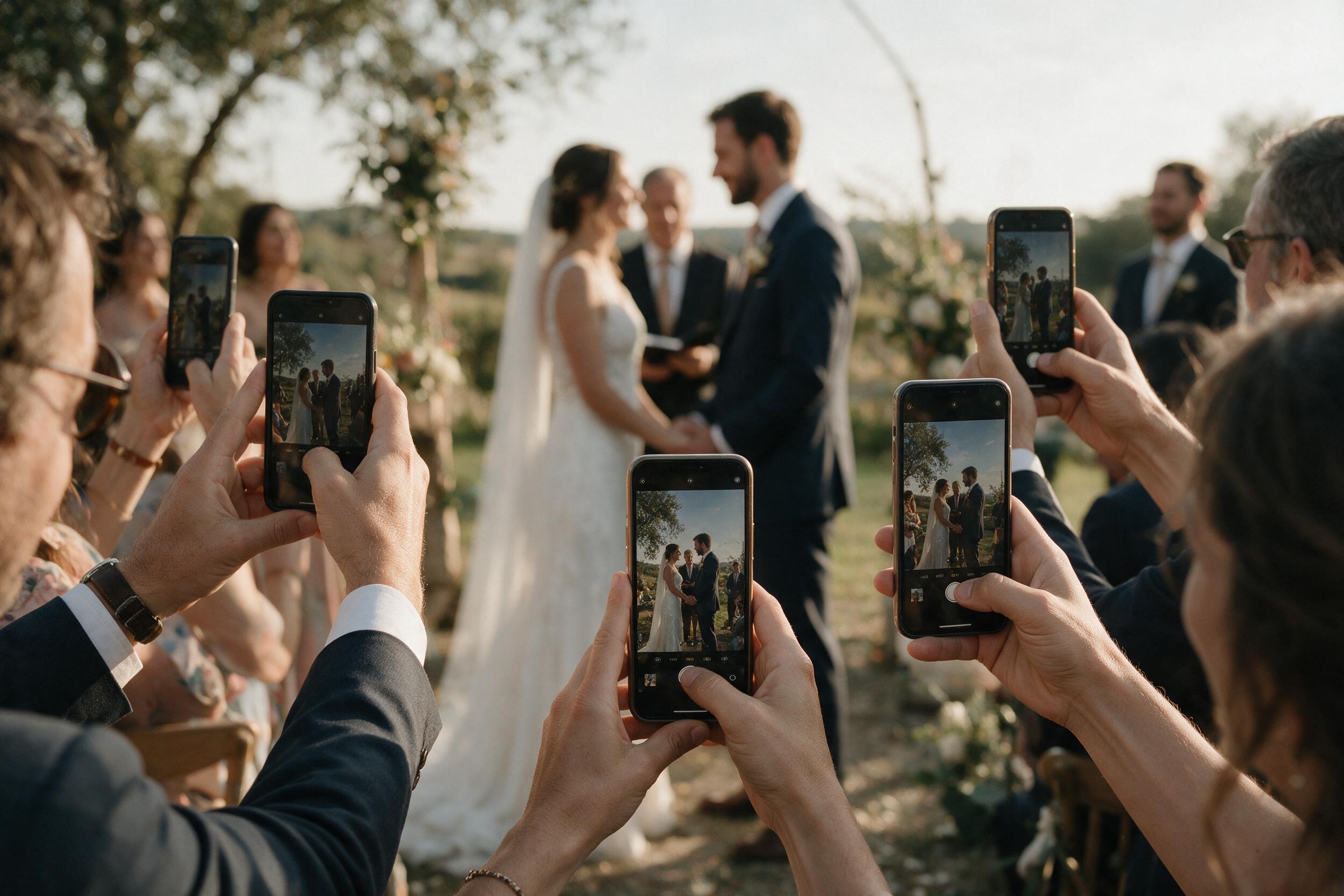 Plusieurs mains tenant des smartphones photographiant une scene de mariage