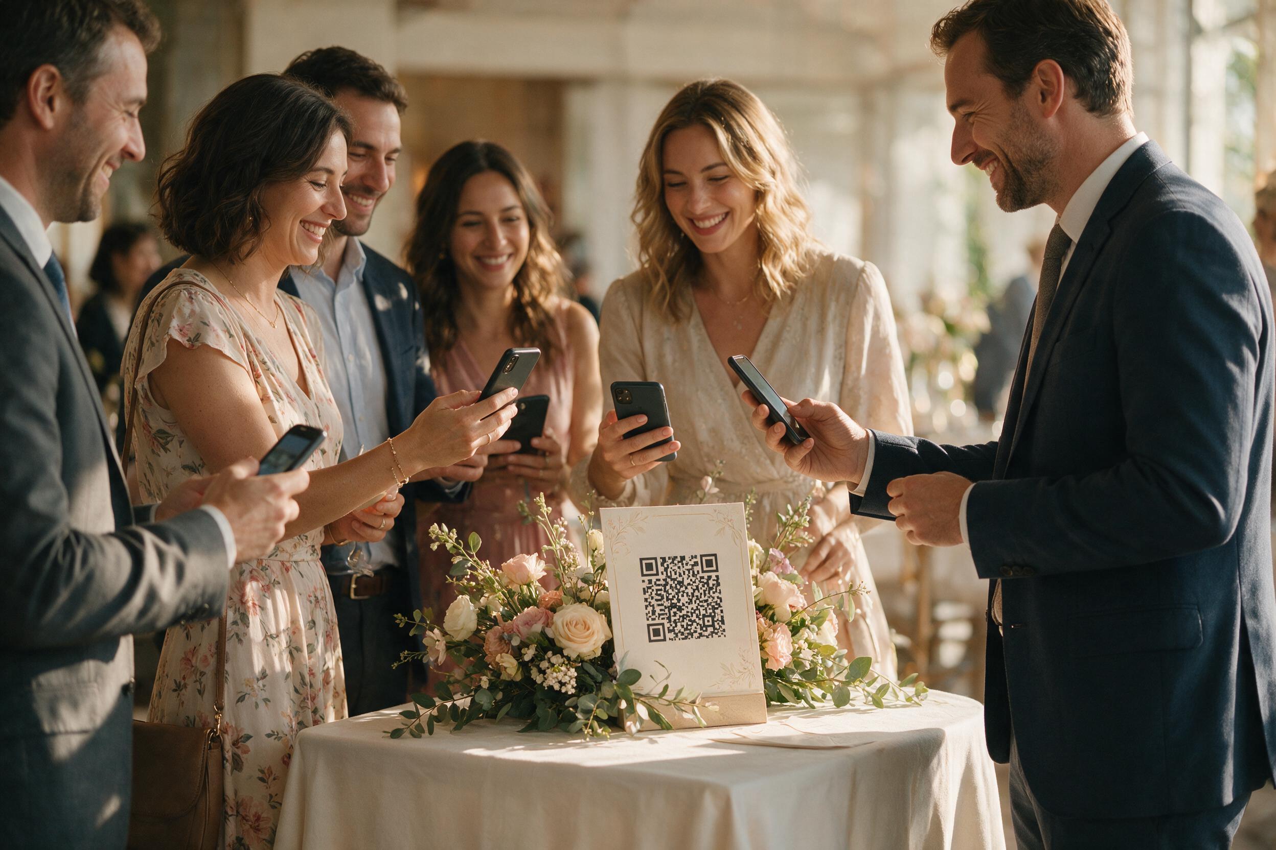 Invites scannant un QR code affiche sur une table de reception fleurie