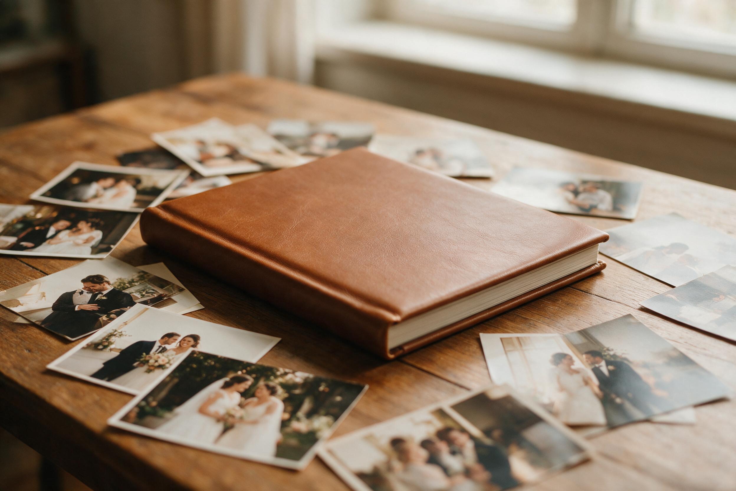 Livre relie personnalise pose sur une table en bois avec des photos de mariage