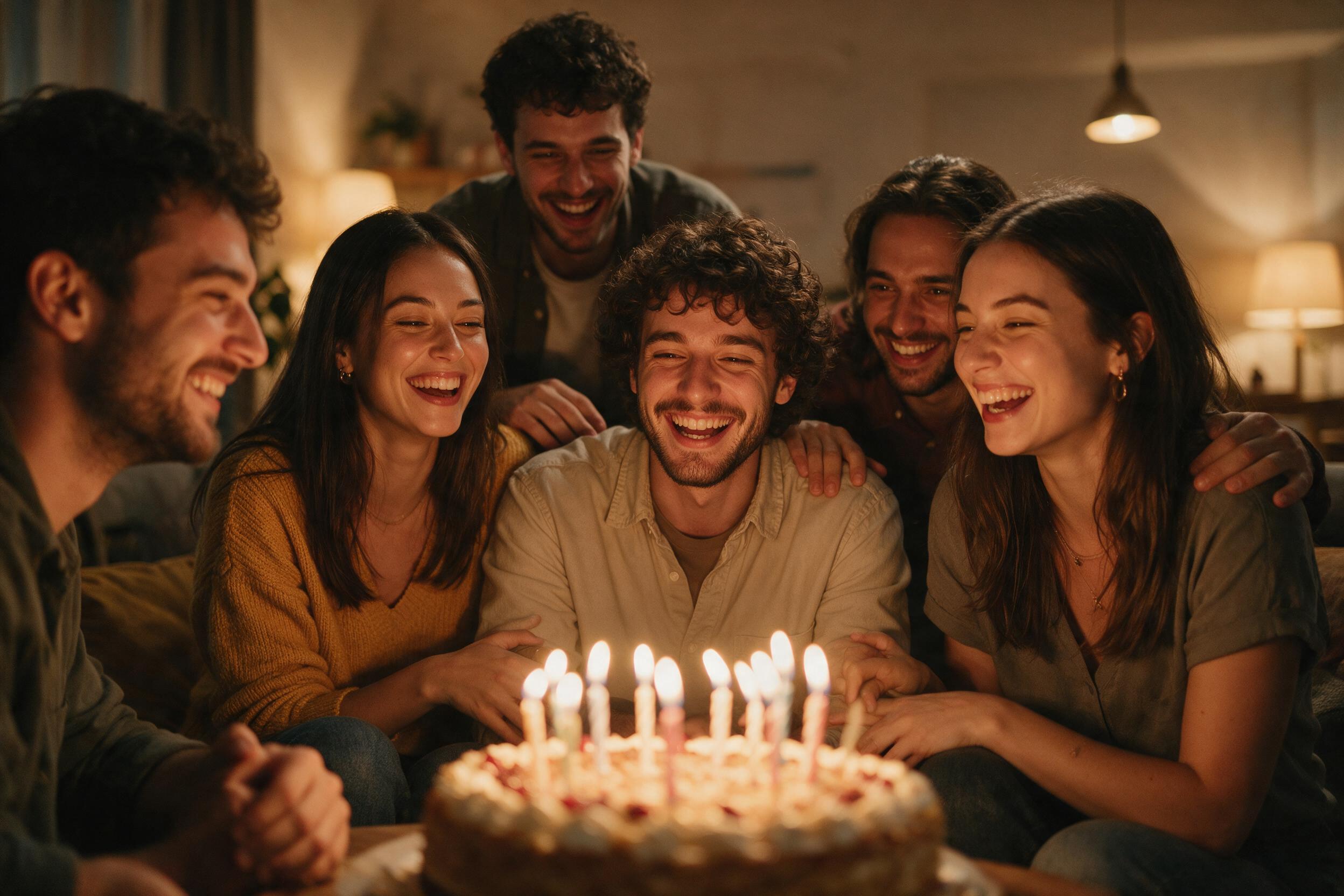 Groupe d'amis celebrant un anniversaire autour d'un gateau avec bougies