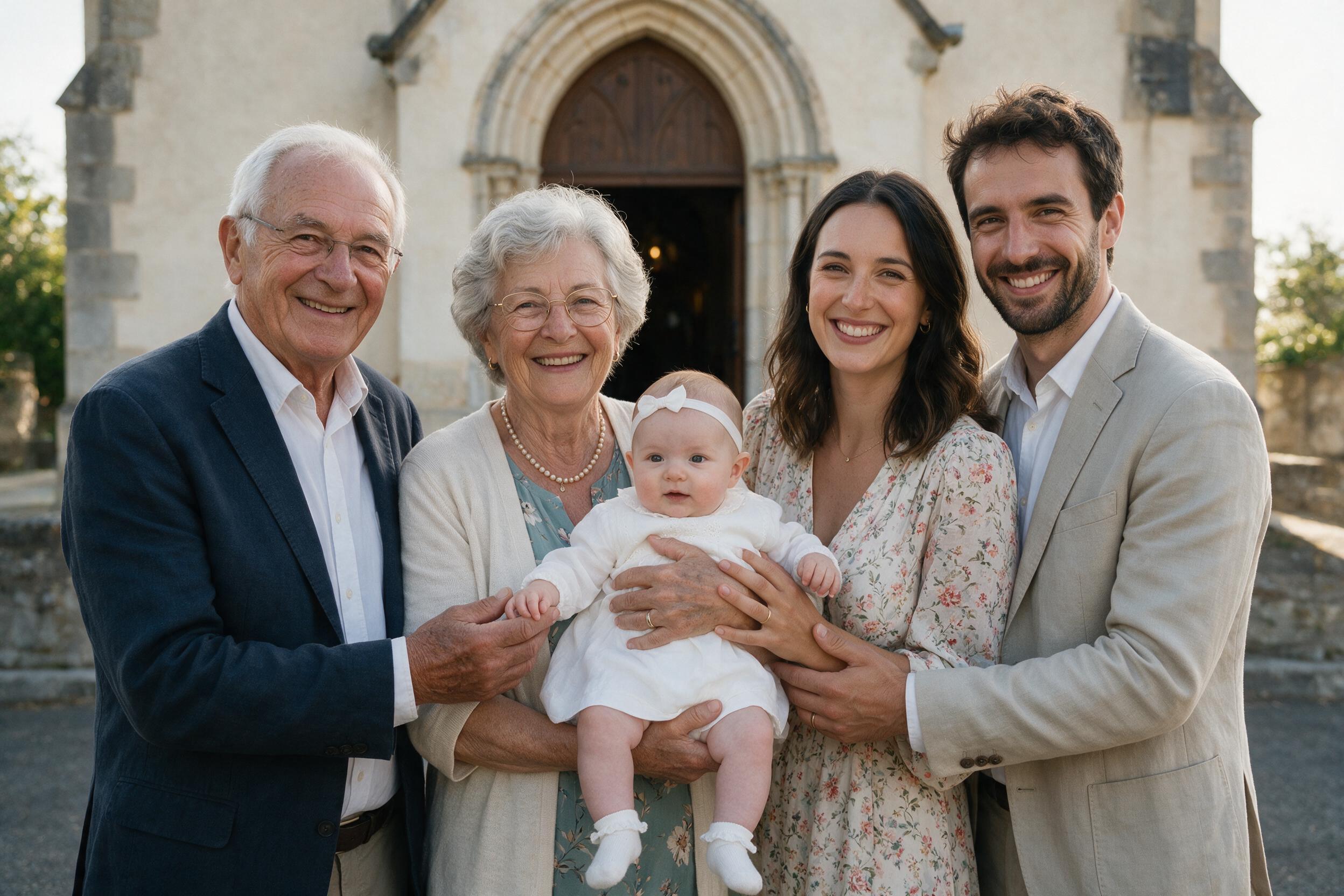 Famille multigenerationnelle reunie a la sortie de l'eglise pour un bapteme