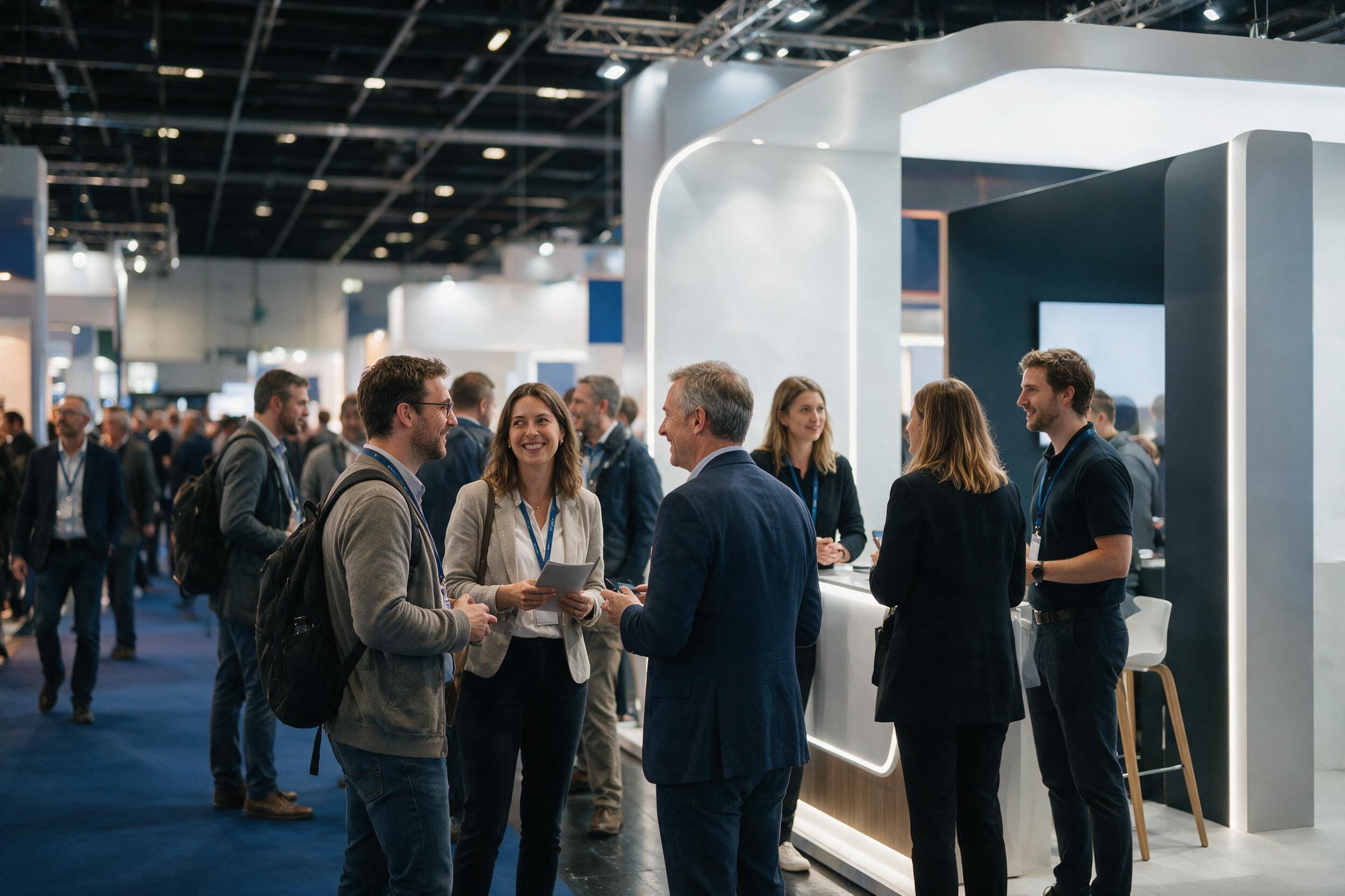Stand moderne sur un salon professionnel avec visiteurs et equipe