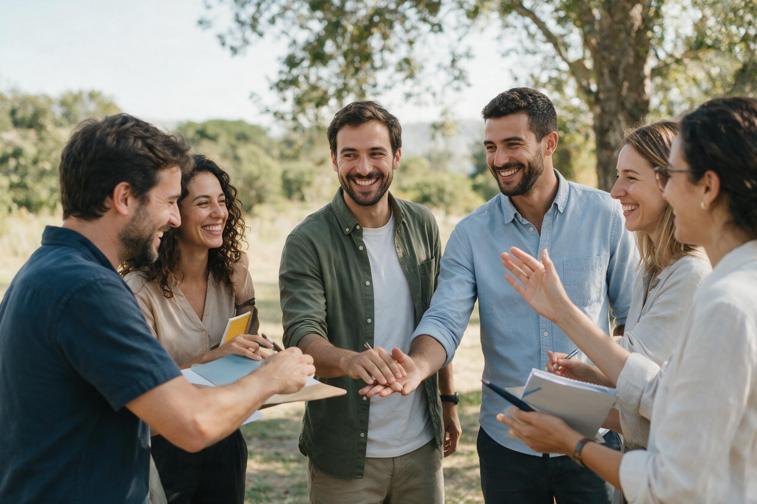 Collaborateurs souriants lors d'un atelier de team building en exterieur