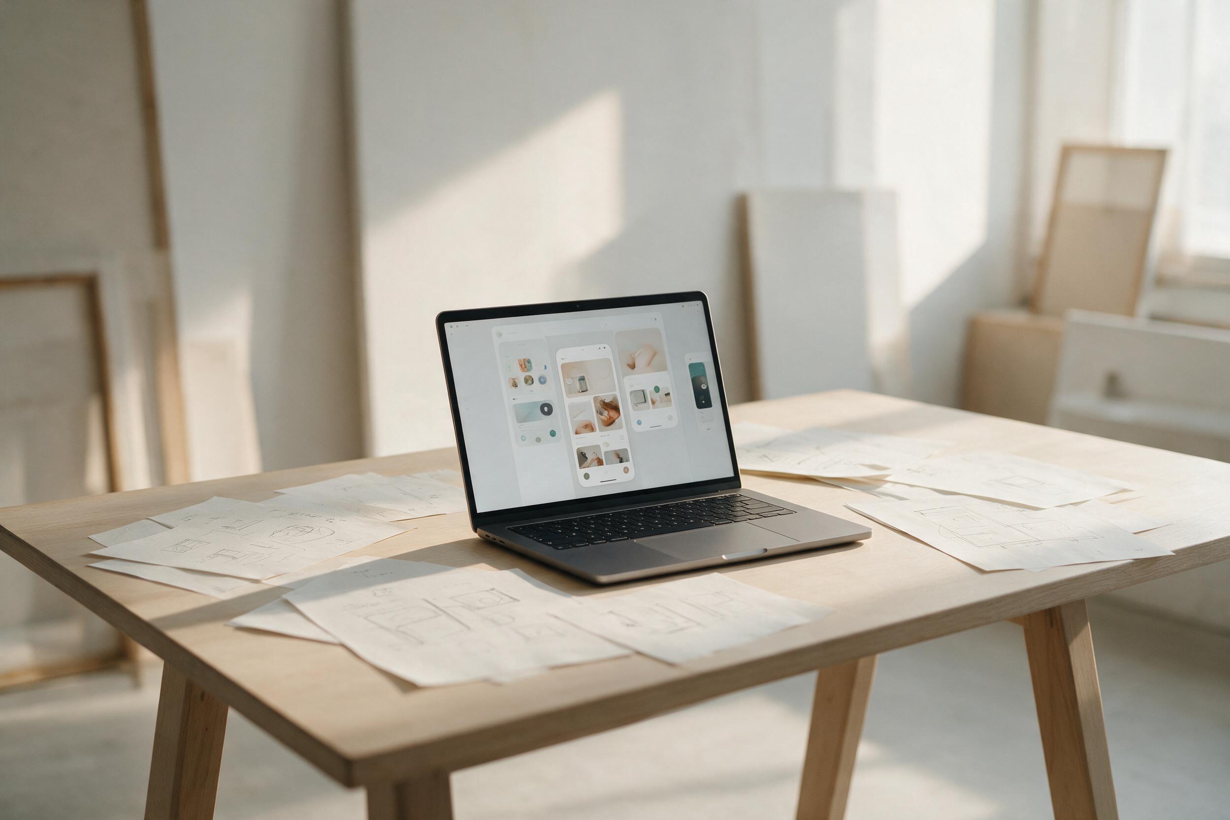 Espace de travail creatif minimaliste avec ordinateur portable et croquis