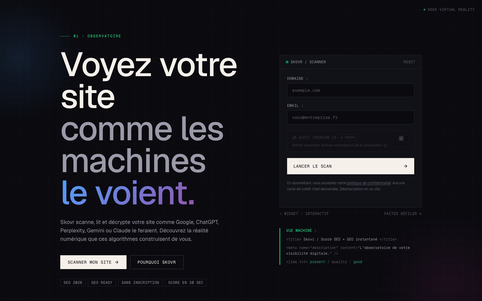 Le scanner Skovr sur la page d'accueil de skovr.fr