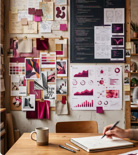 Moodboard et carnet sur le bureau du studio Studjoow
